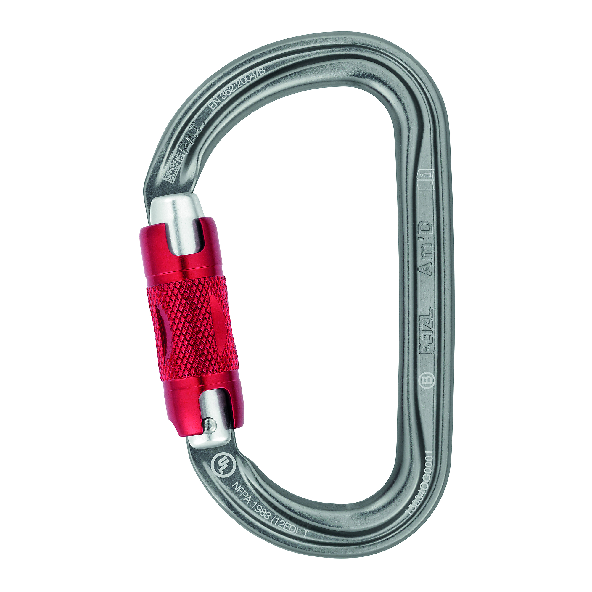 Petzl, AM'D D-shaped locking carabiner, Weight Capacity 0.98 lb, Breaking Strength 27 kN, Model# M34A RL